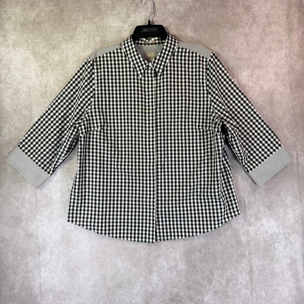 Chico's Button Down Shirt Women 3 Black White Gingham Striped Office Preppy